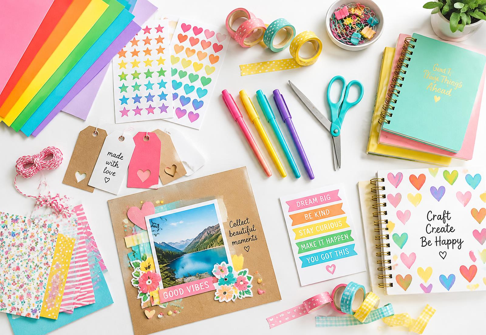 Colourful craft paper, sticker sheets, washi tape, notebooks and pens